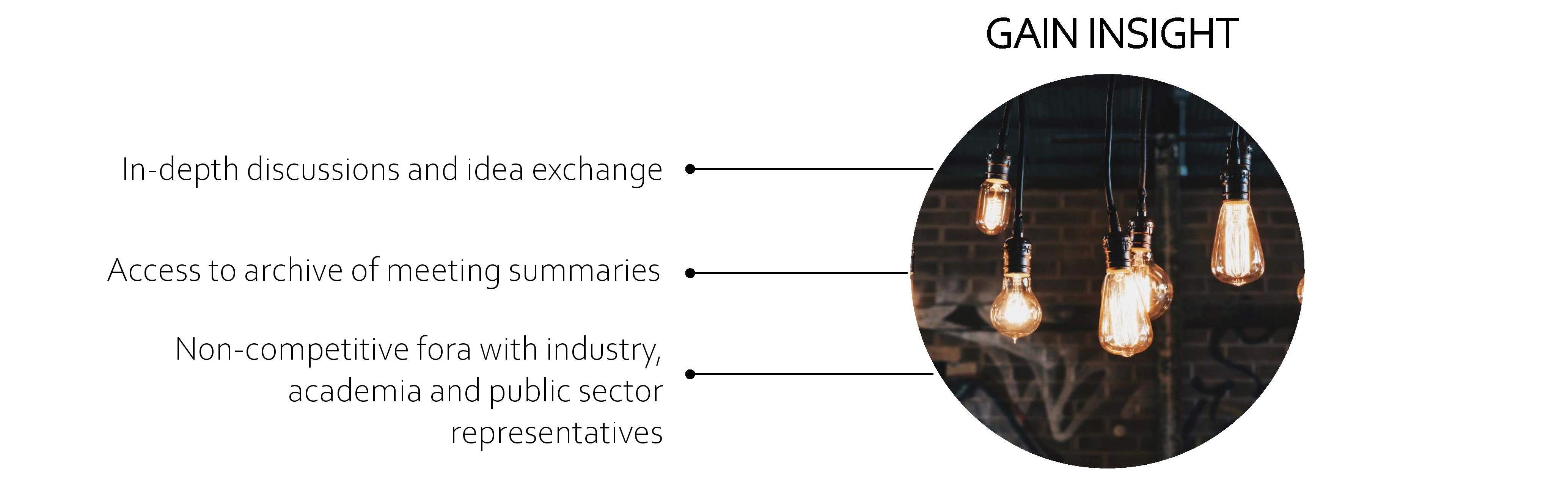 GAIN INSIGHT. In-depth discussions and idea exchange. Access to archive of meeting summaries. Non-competitive fora with industry, academia and public sector representatives