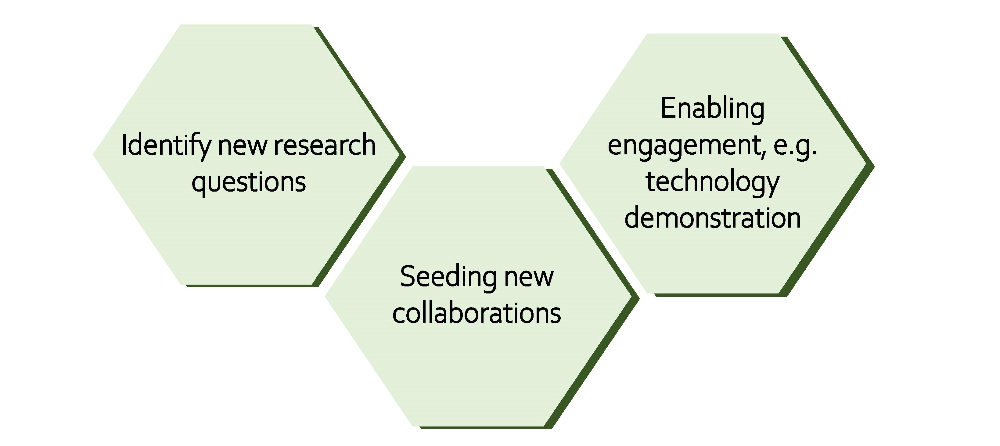 Identify new research questions; Seeding new collaborations; Enabling engagement, e.g. technology demonstration