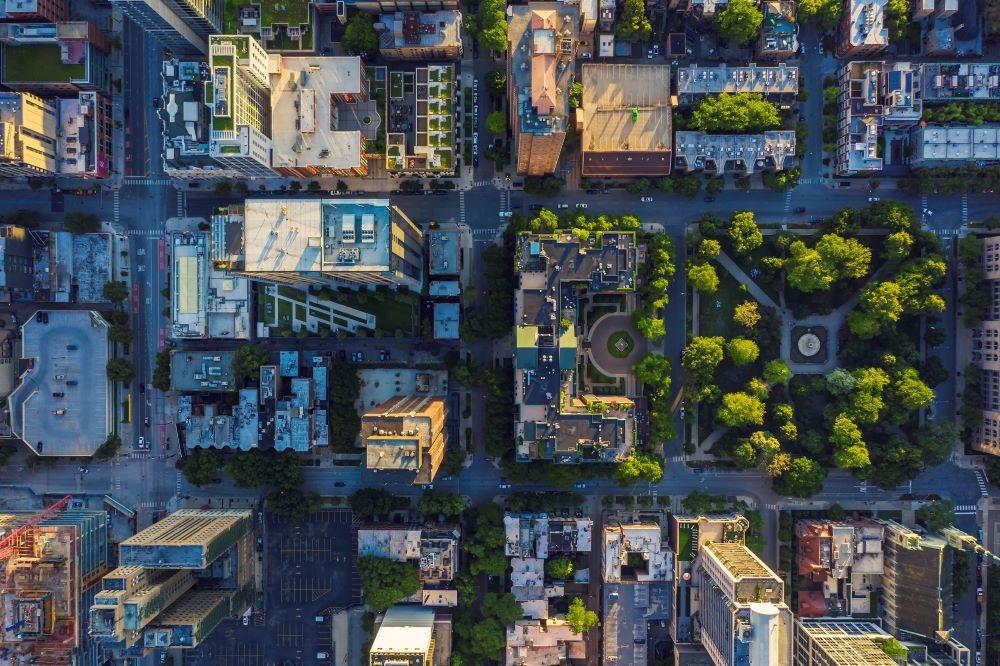 Built Environment SIG Top down aerial view of Chicago Downtown urban grid with park. Late afternoon light