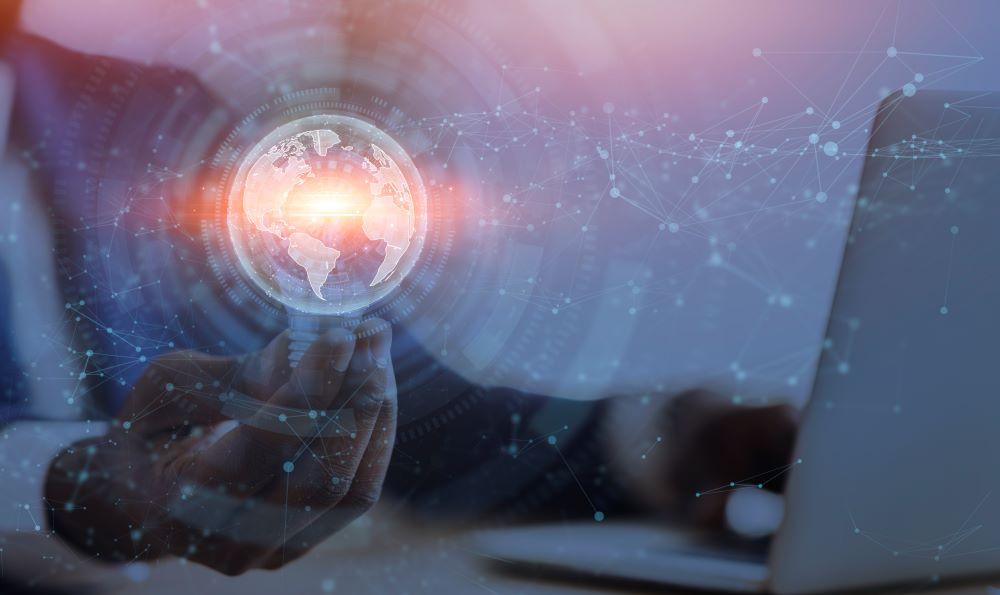 Knowledge Exchange Idea, brainstorm, seminar or online webinar, business, remote work and study. Young unrecognizable black guy in suit works on computer, hold glowing light bulb, double exposure planet and connect